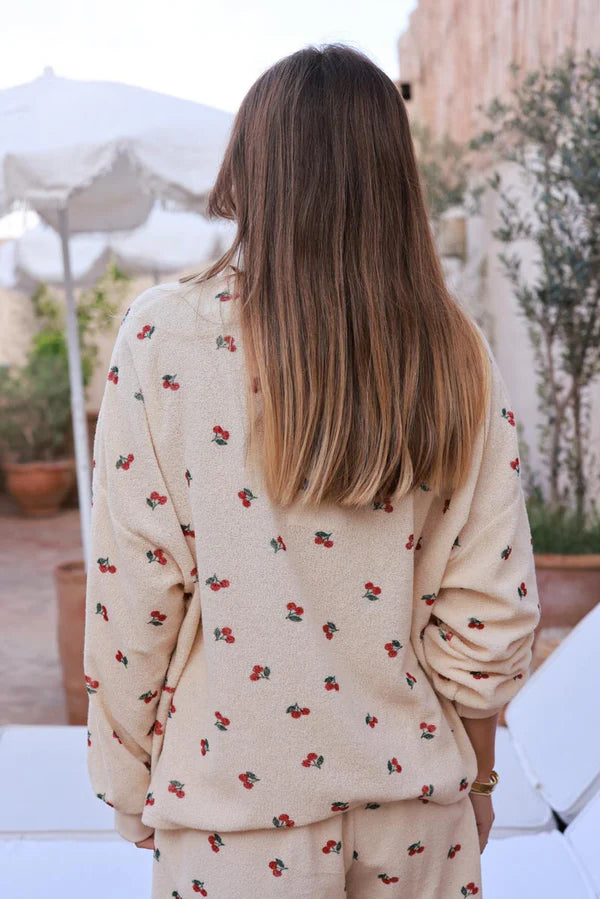 Cream Cherry Print Casual Terry Sweater