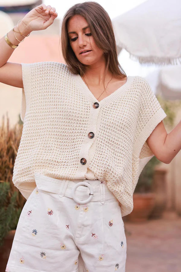 Cream Chunky Knit Cap-Sleeve Cardigan