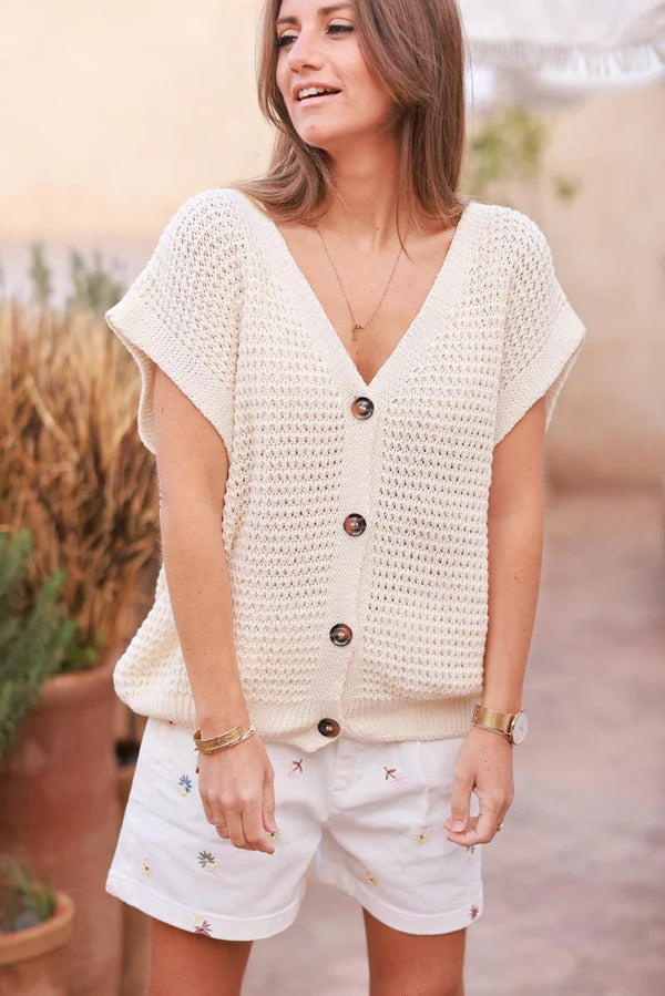 Cream Chunky Knit Cap-Sleeve Cardigan