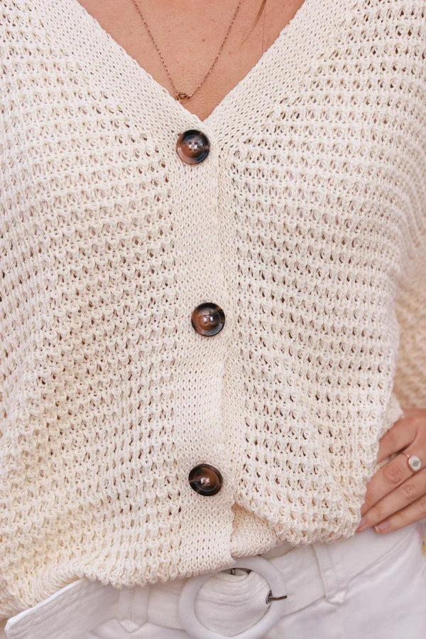 Cream Chunky Knit Cap-Sleeve Cardigan