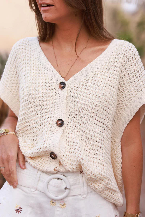 Cream Chunky Knit Cap-Sleeve Cardigan