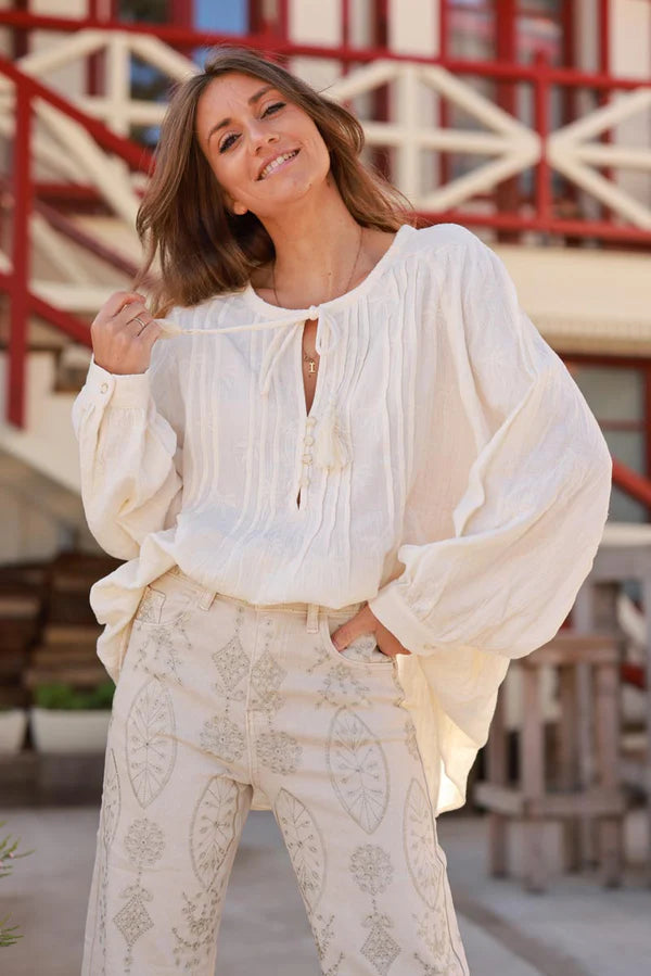 Cream Embroidered Palms Cotton Gauze Blouse
