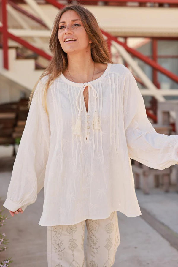 Cream Embroidered Palms Cotton Gauze Blouse