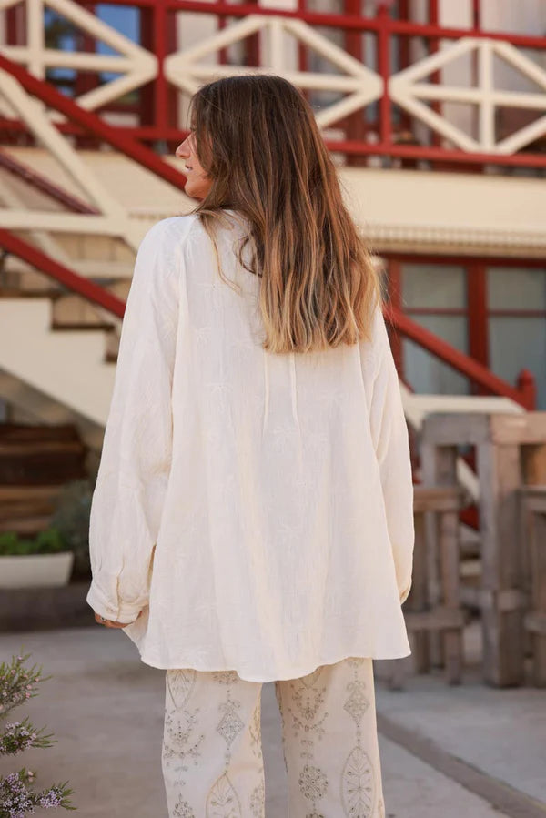 Cream Embroidered Palms Cotton Gauze Blouse