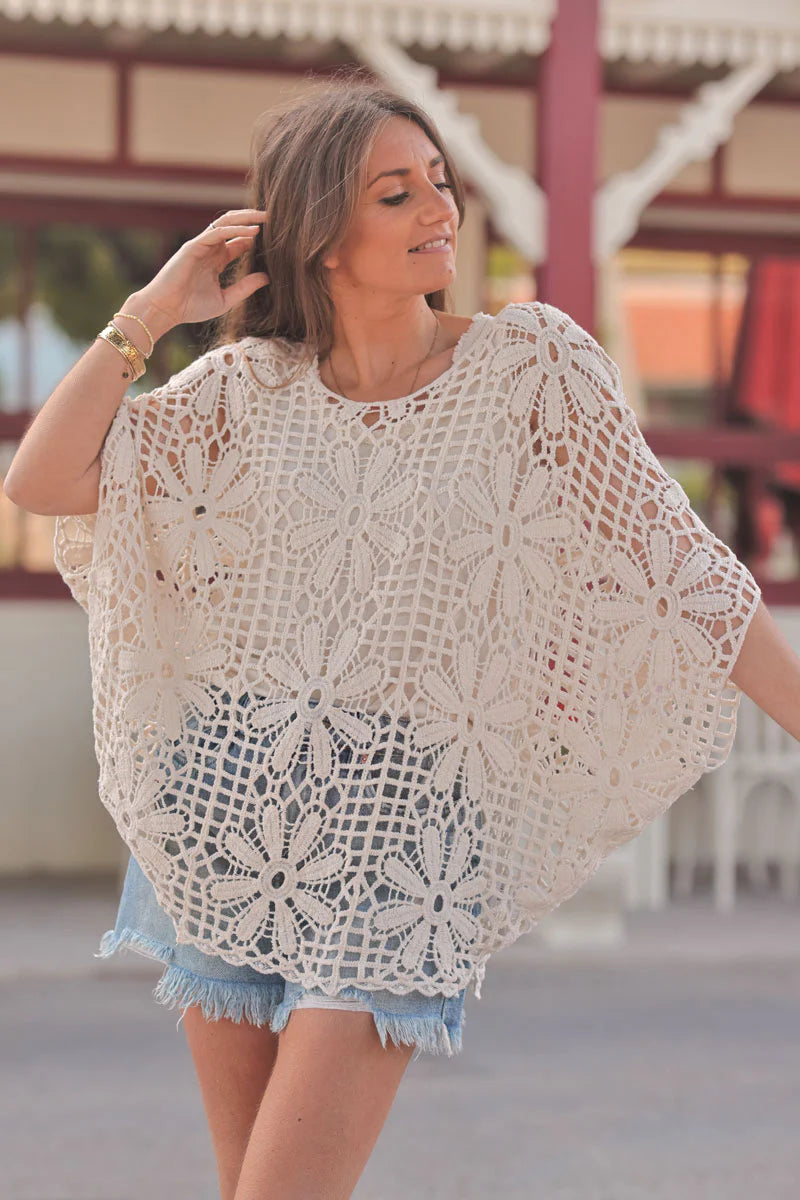 Cream Floral Crochet Poncho