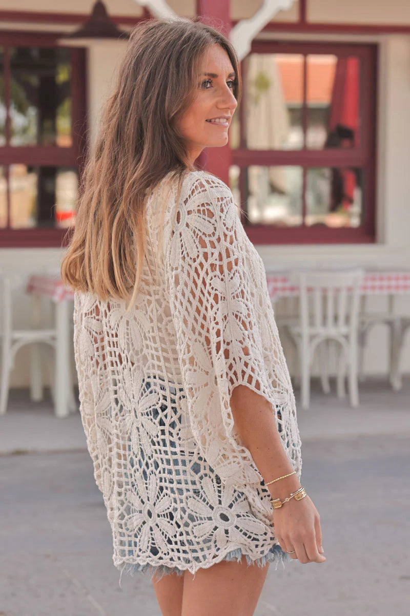 Cream Floral Crochet Poncho