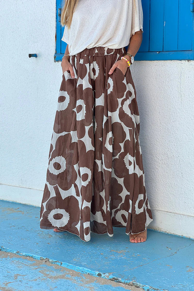 Cream Floral Maxi Skirt with Pockets
