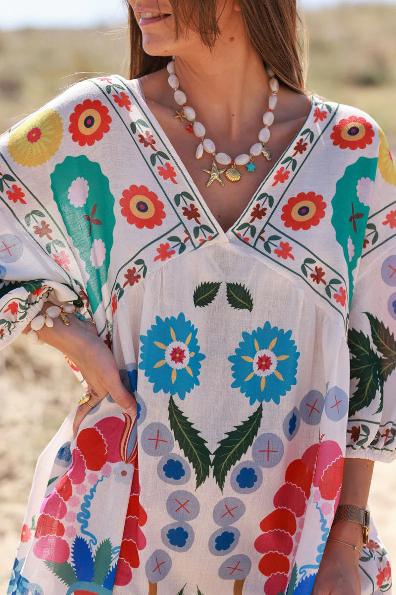 Cream Folk Print Boho Mini Dress