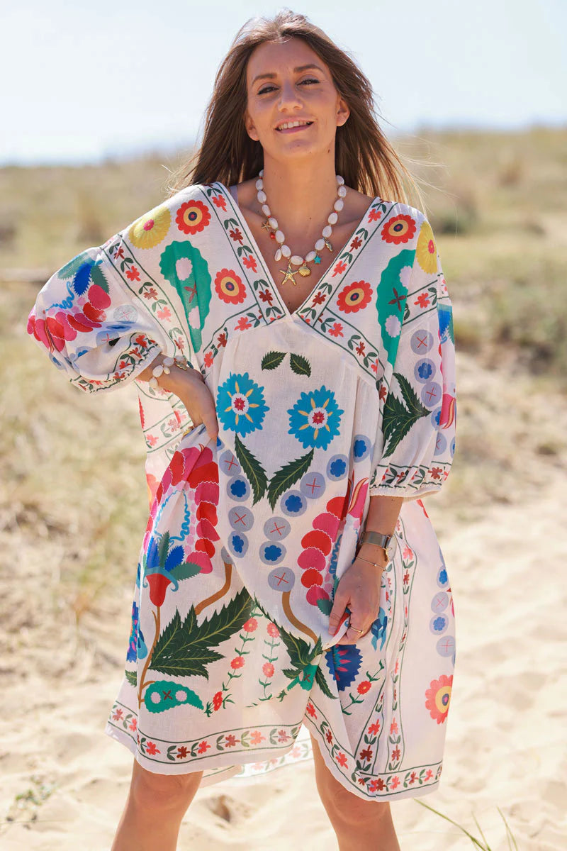 Cream Folk Print Boho Mini Dress