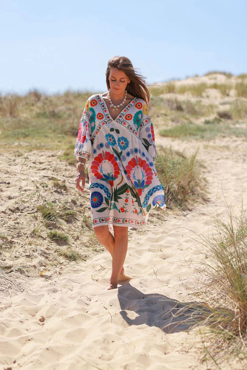 Cream Folk Print Boho Mini Dress