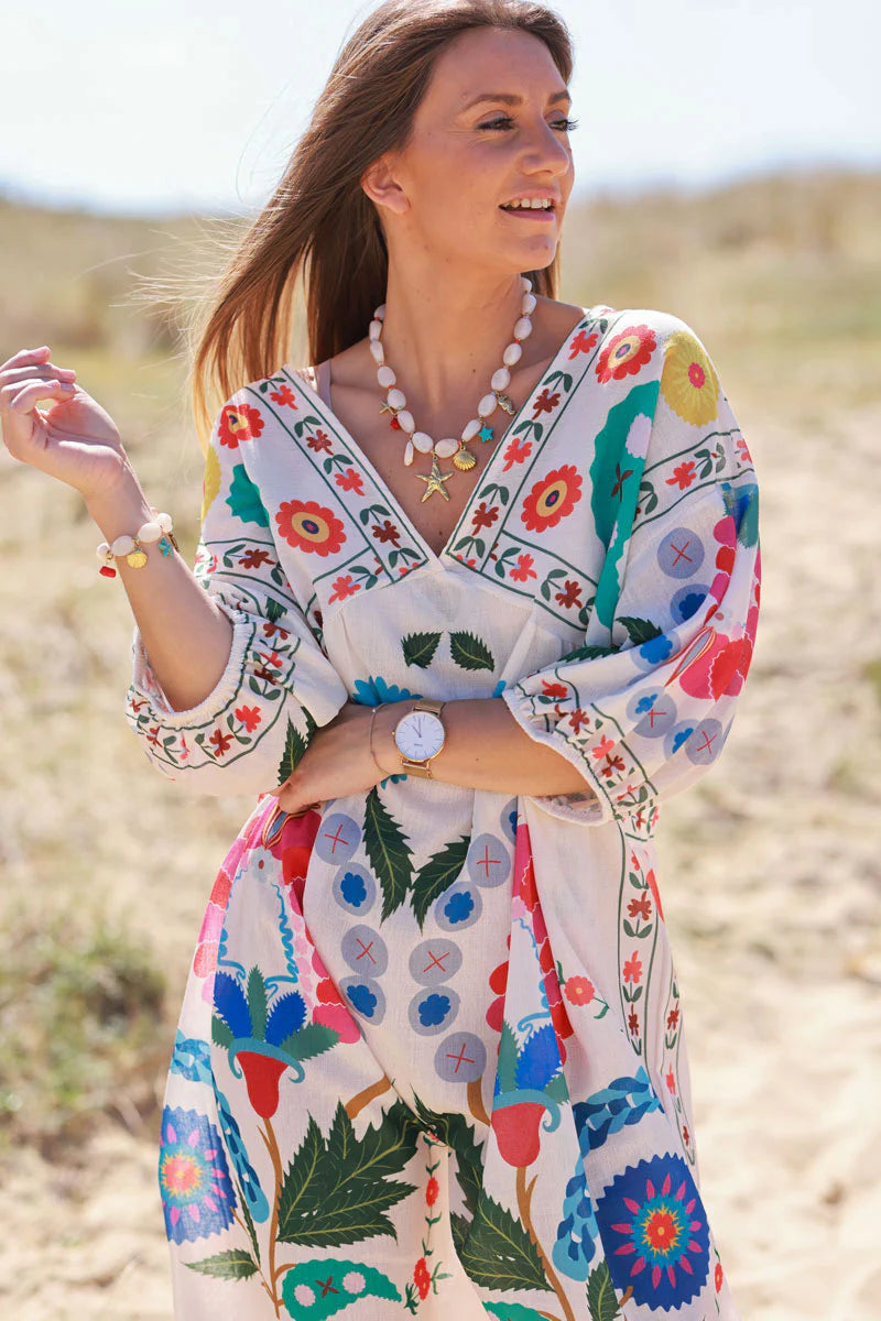 Cream Folk Print Boho Mini Dress