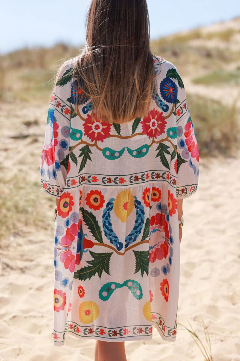 Cream Folk Print Boho Mini Dress