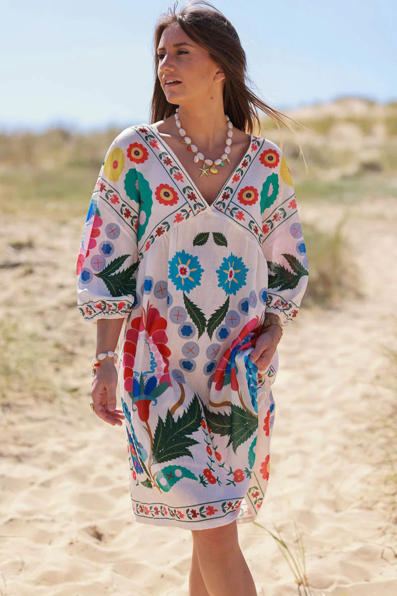 Cream Folk Print Boho Mini Dress