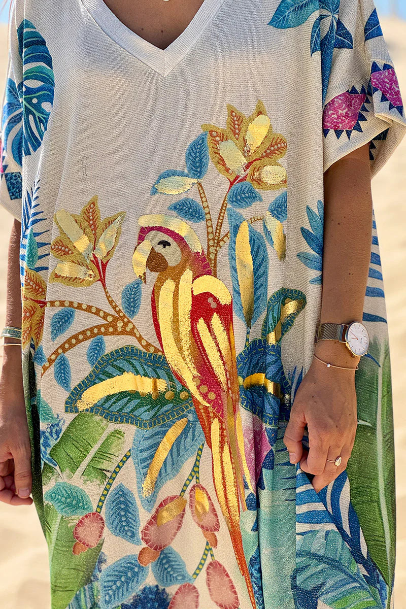 Cream Glitter Knit Gilded Parrot Tropical Print Caftan