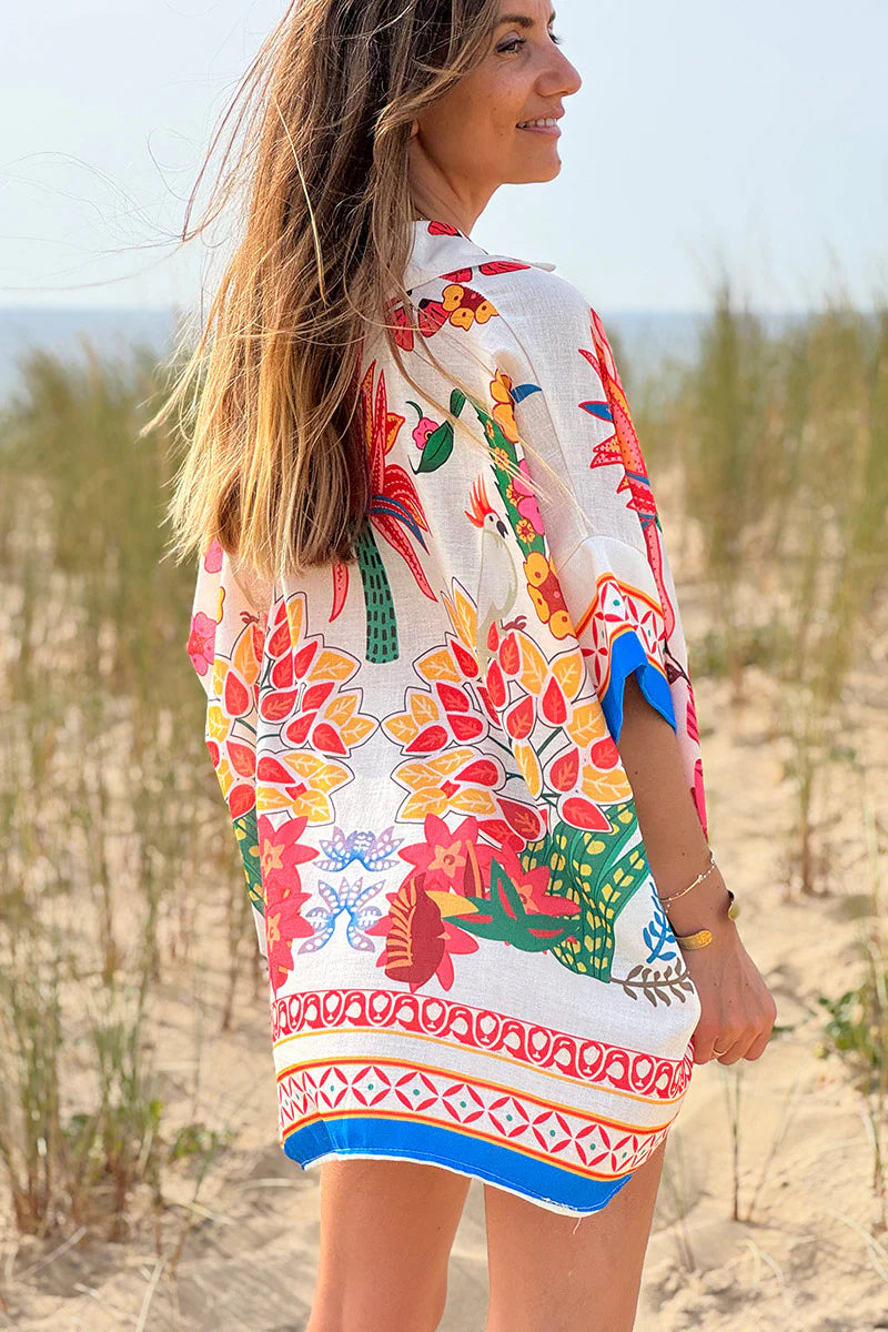 Cream Lotus Border Print Tiki Blouse
