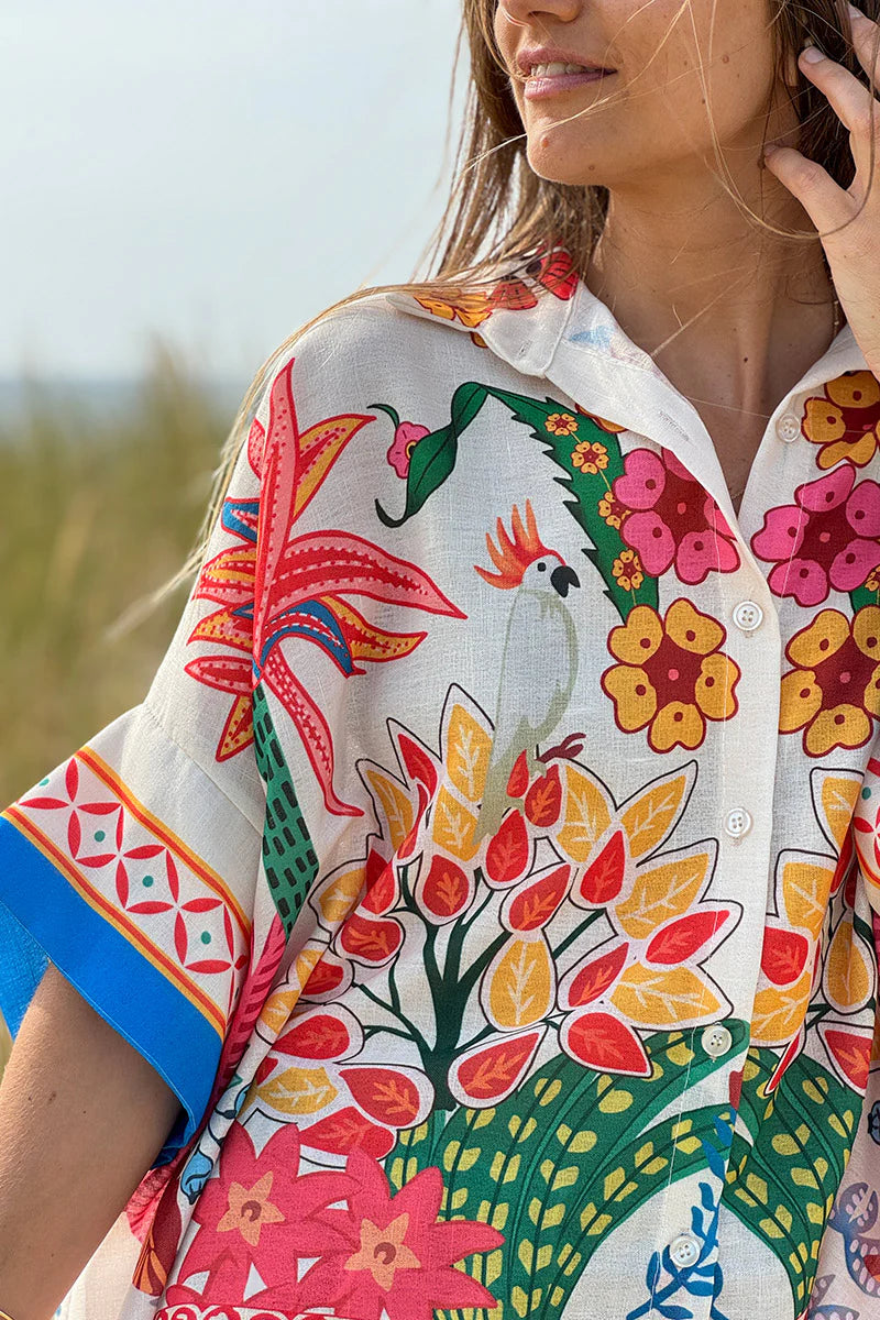 Cream Lotus Border Print Tiki Blouse