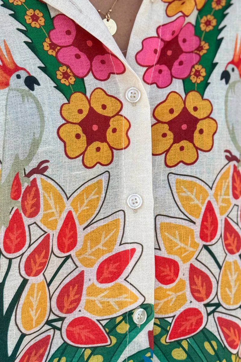 Cream Lotus Border Print Tiki Blouse