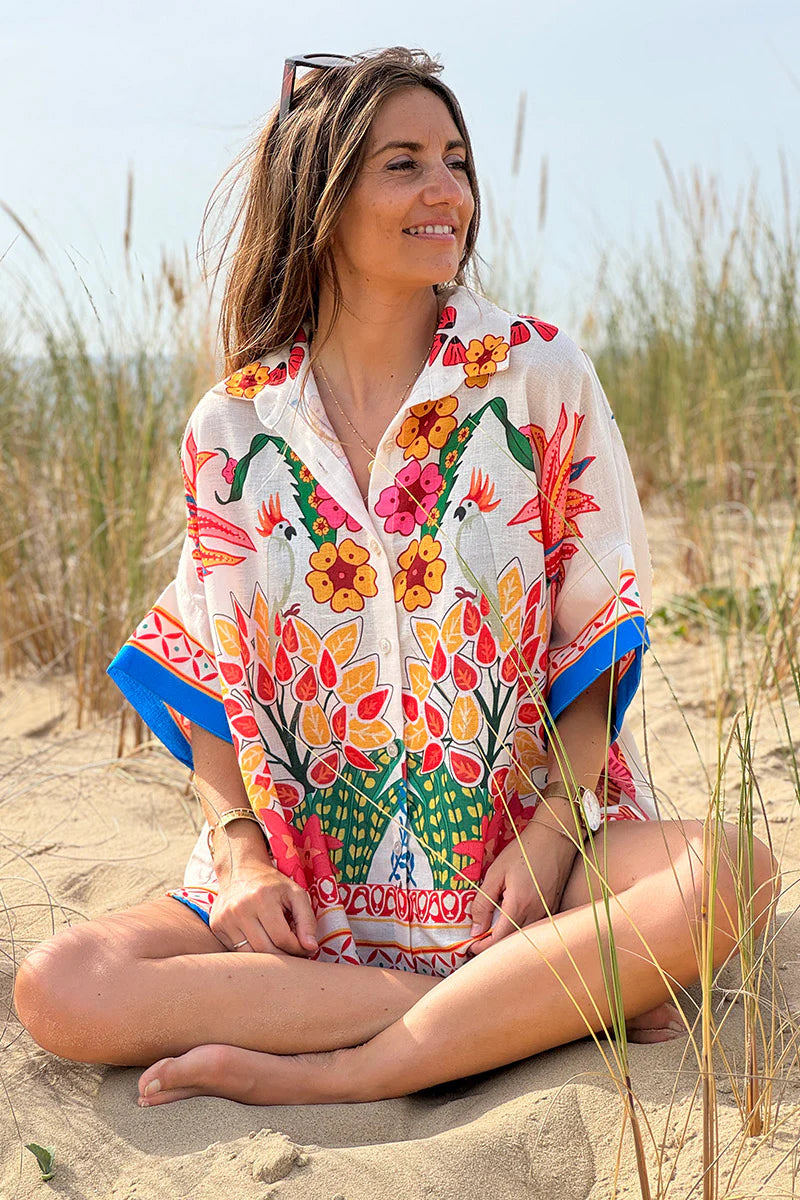 Cream Lotus Border Print Tiki Blouse