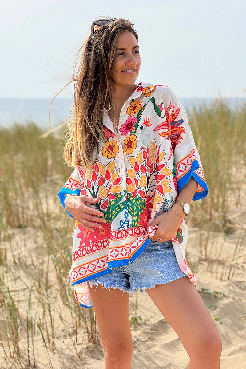 Cream Lotus Border Print Tiki Blouse