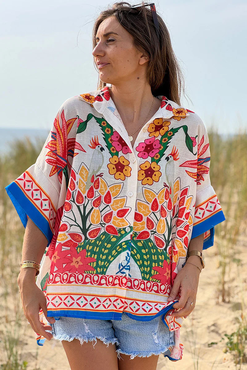 Cream Lotus Border Print Tiki Blouse