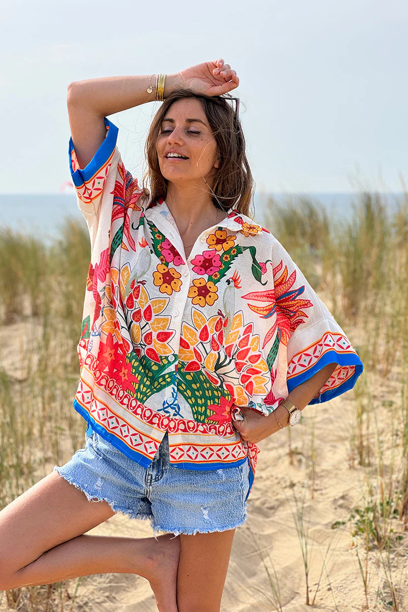 Cream Lotus Border Print Tiki Blouse
