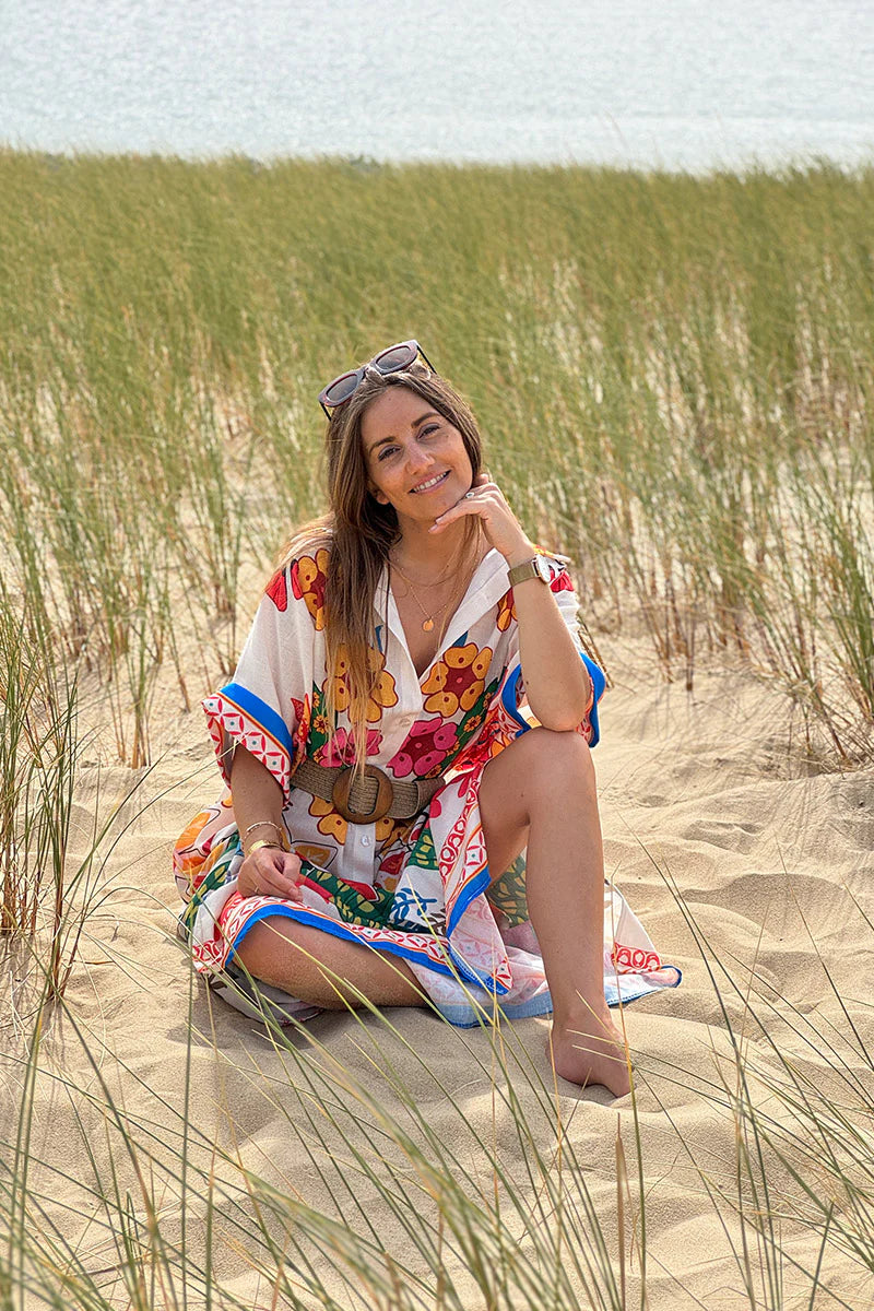 Cream Lotus Border Print Tiki Caftan