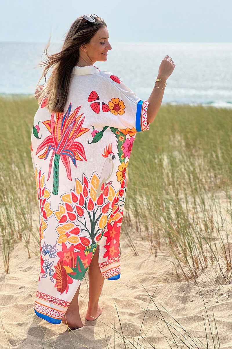 Cream Lotus Border Print Tiki Caftan