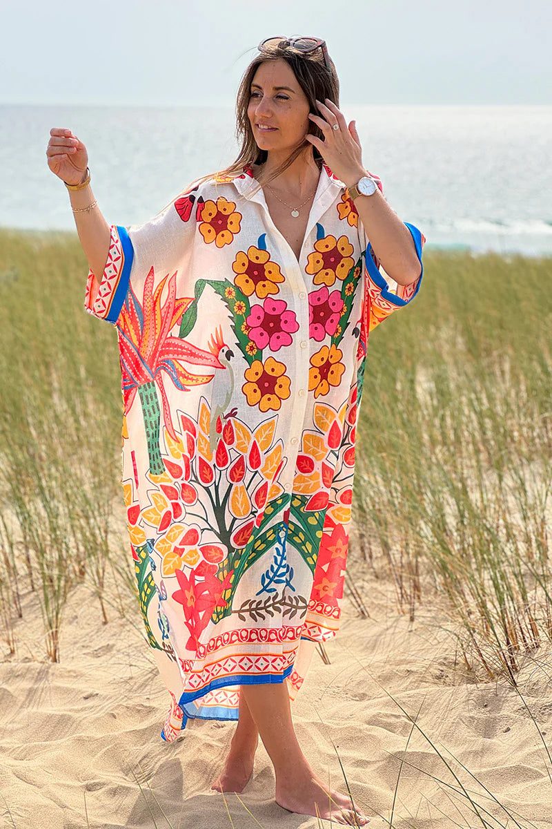 Cream Lotus Border Print Tiki Caftan