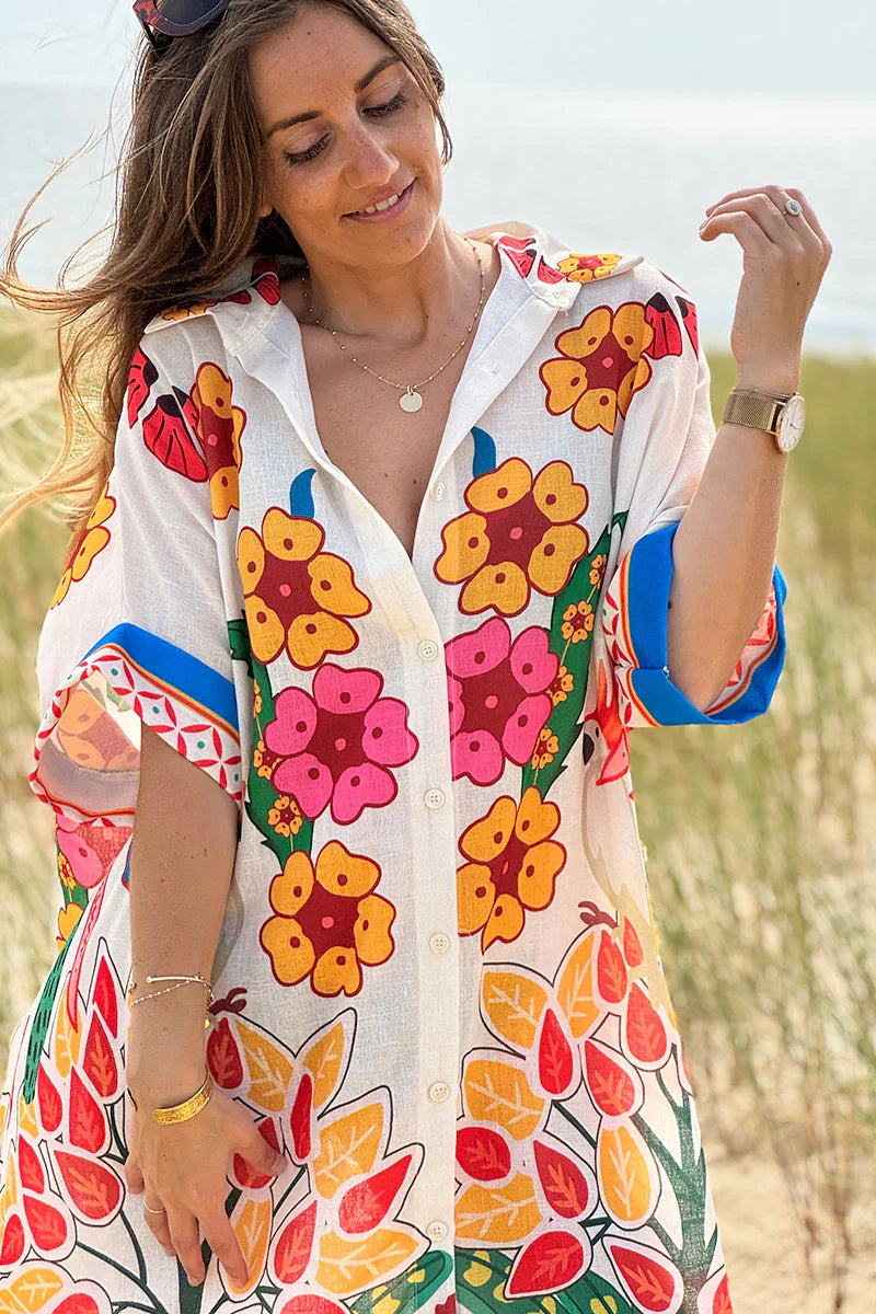 Cream Lotus Border Print Tiki Caftan