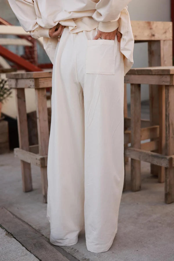 Cream Luxe Knit Wide-Leg Lounge Pants