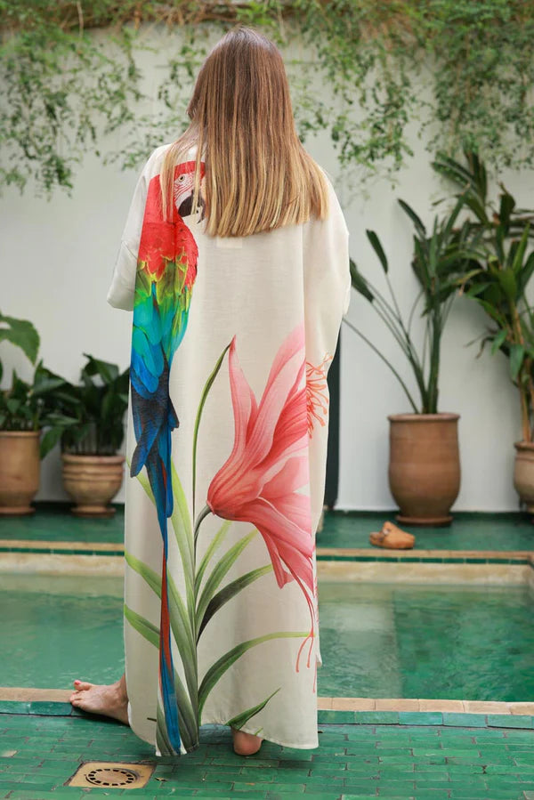 Cream Parrot Motif Maxi Shirt Dress