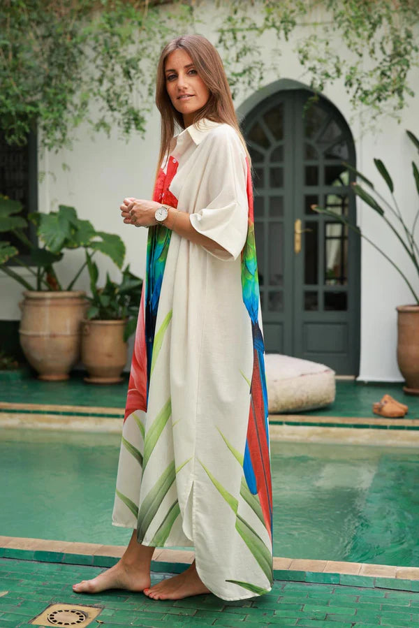 Cream Parrot Motif Maxi Shirt Dress