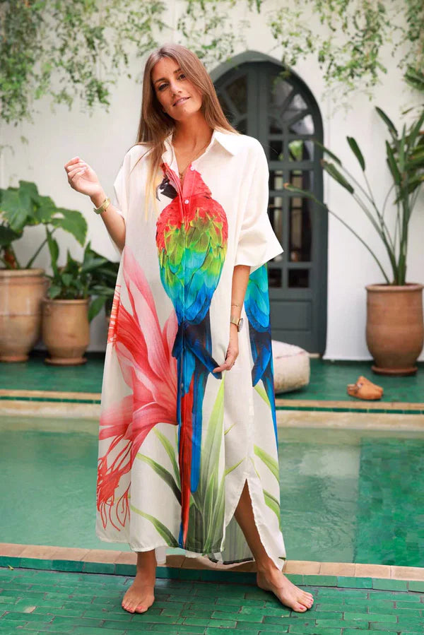 Cream Parrot Motif Maxi Shirt Dress