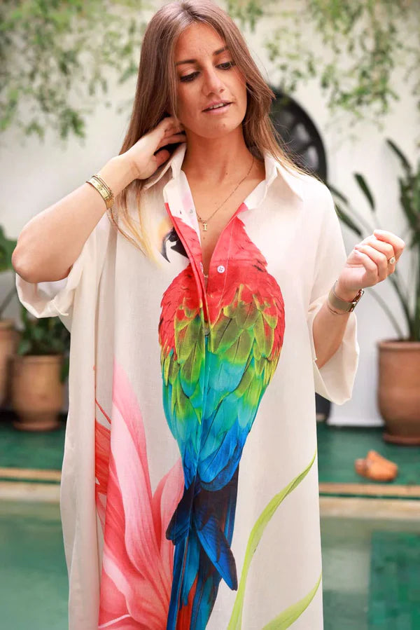 Cream Parrot Motif Maxi Shirt Dress