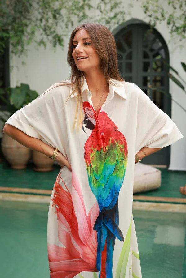 Cream Parrot Motif Maxi Shirt Dress