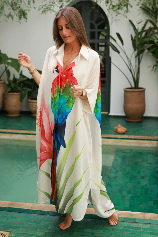 Cream Parrot Motif Maxi Shirt Dress