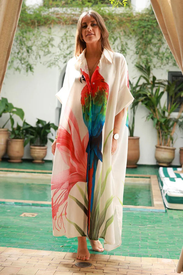 Cream Parrot Motif Maxi Shirt Dress