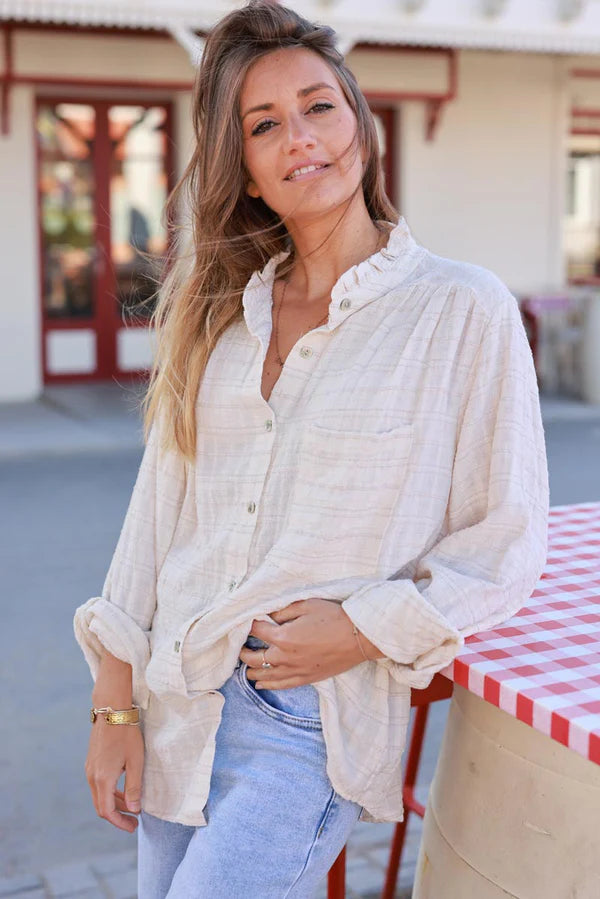 Cream Plaid Open Weave Button-Down Blouse