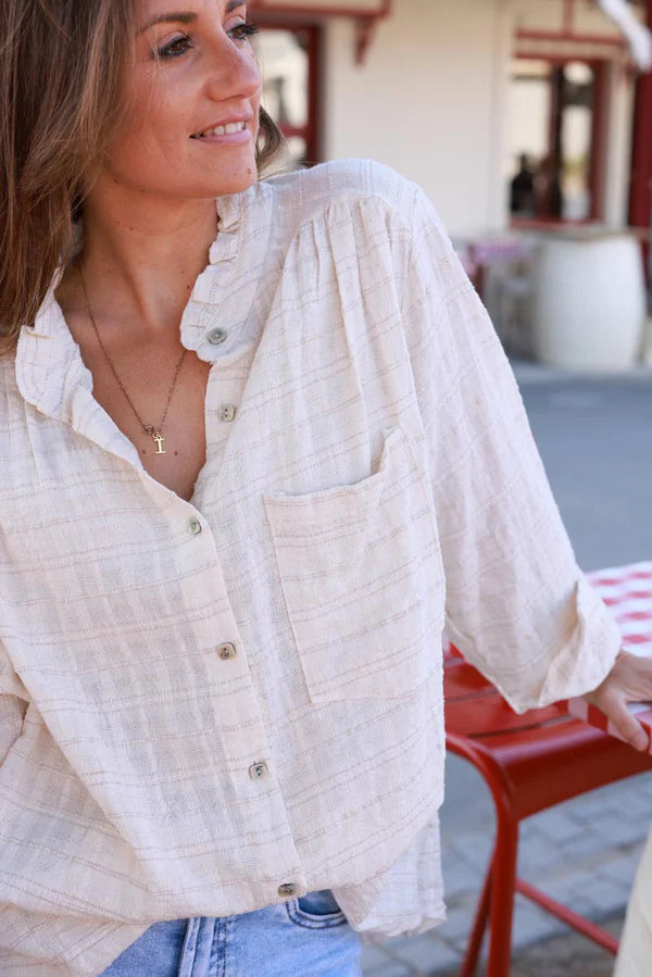 Cream Plaid Open Weave Button-Down Blouse