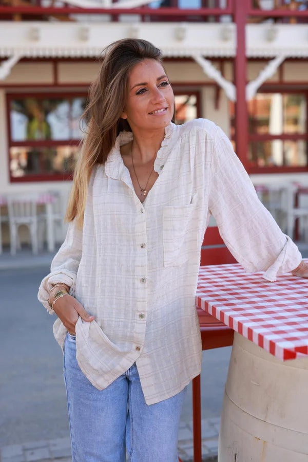 Cream Plaid Open Weave Button-Down Blouse