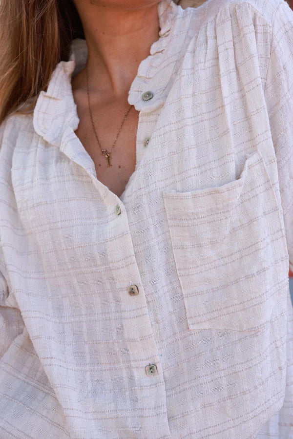 Cream Plaid Open Weave Button-Down Blouse