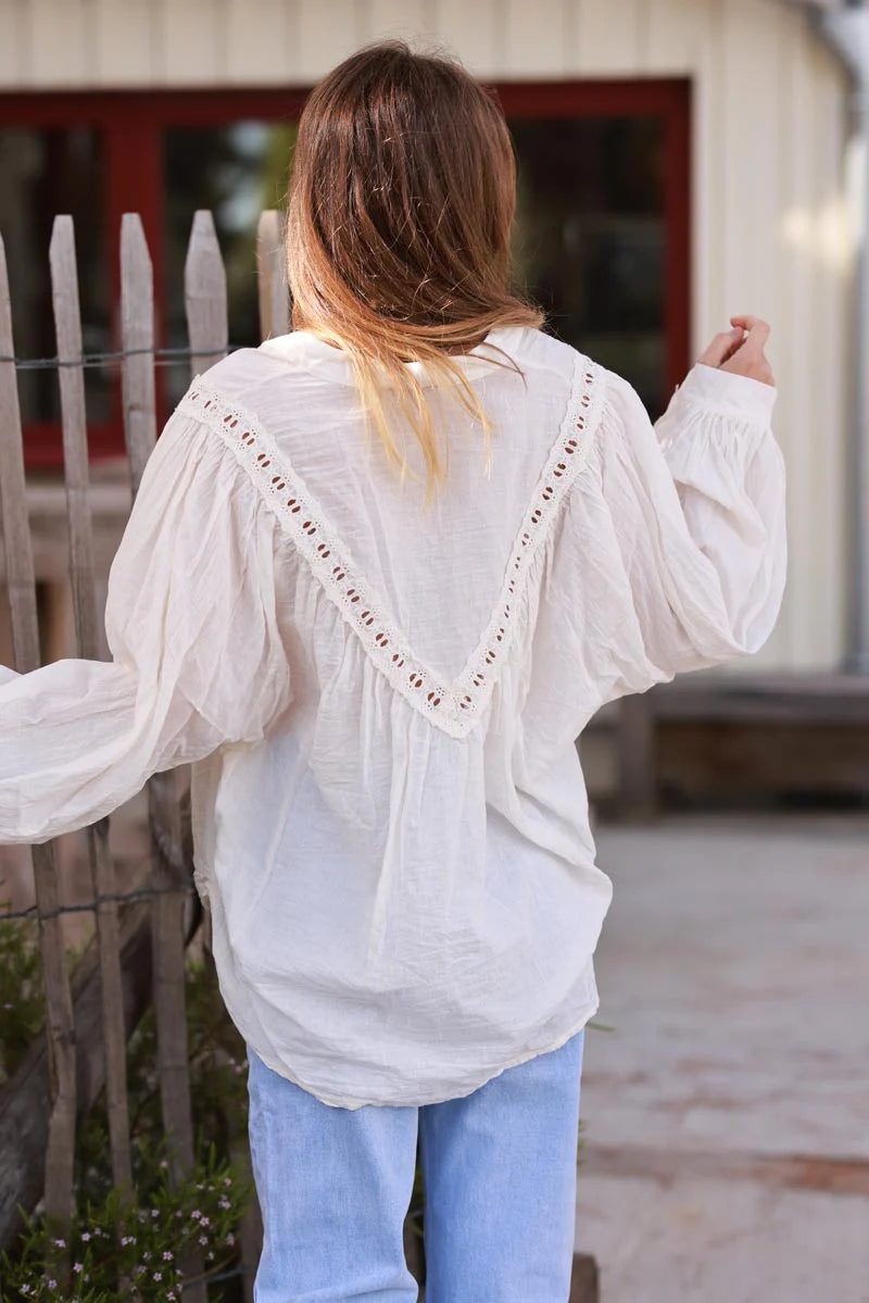 Cream Pleated Cotton Prairie Blouse