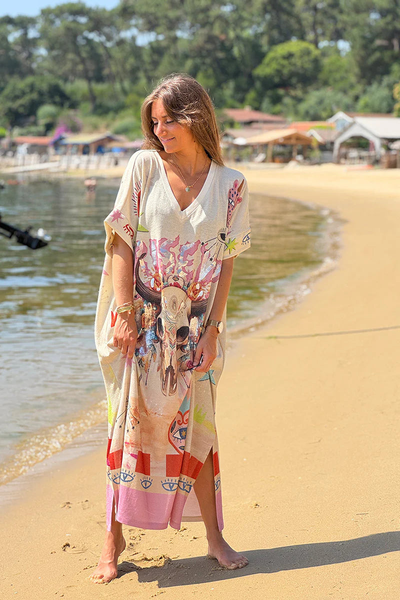 Cream “Rise Up” Glitter Knit Maxi Dress