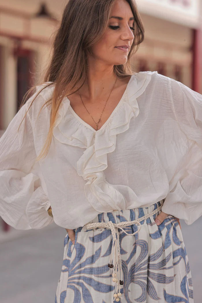 Cream Ruffled V-Neck Long-Sleeve Blouse