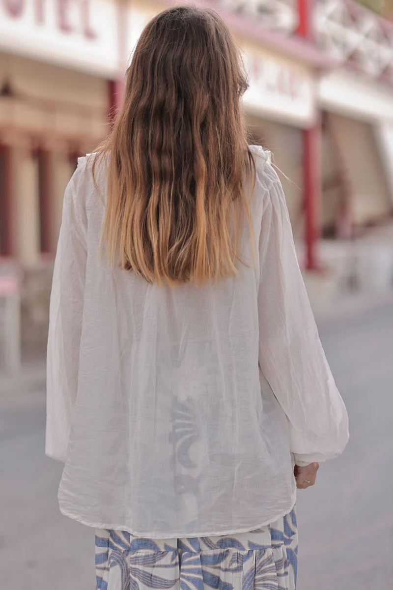 Cream Ruffled V-Neck Long-Sleeve Blouse