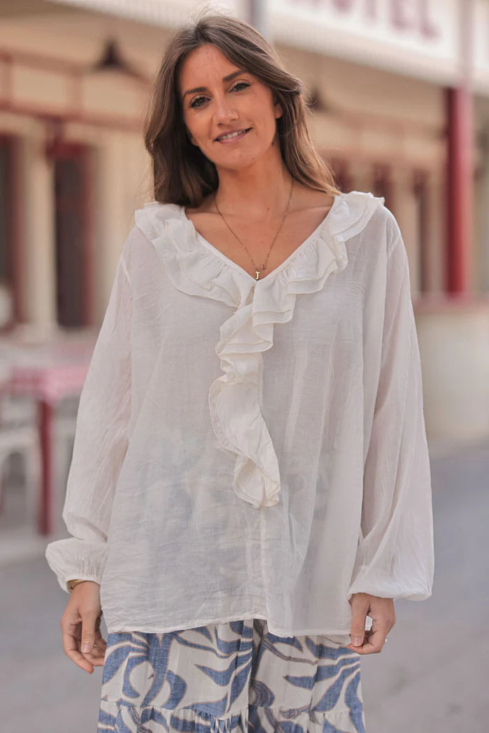 Cream Ruffled V-Neck Long-Sleeve Blouse