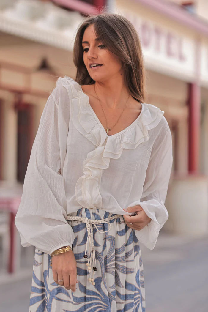 Cream Ruffled V-Neck Long-Sleeve Blouse