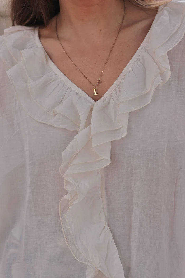 Cream Ruffled V-Neck Long-Sleeve Blouse