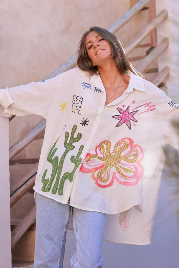 Cream Sea Life Abstract Button-Down Blouse