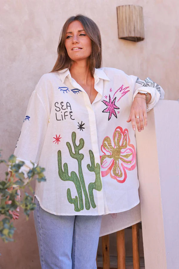 Cream Sea Life Abstract Button-Down Blouse
